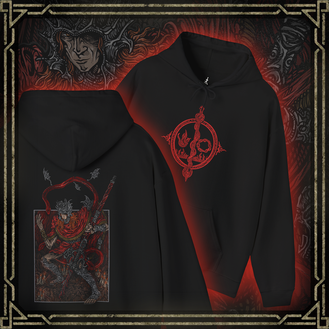 Thumbnail of a Hooded Sweatshirt featuring Messmer the Impaler in a gritty design, showcasing his menacing appearance and signature weapon, perfect for fans who appreciate the dark and intense atmosphere of his character in Elden Ring.