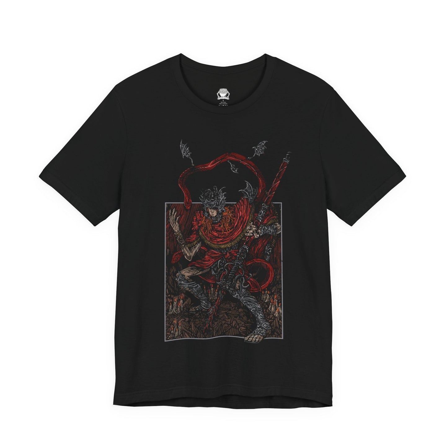 Image 4 of a T-shirt featuring Messmer the Impaler in a gritty design, showcasing his menacing appearance and signature weapon, perfect for fans who appreciate the dark and intense atmosphere of his character in Elden Ring.