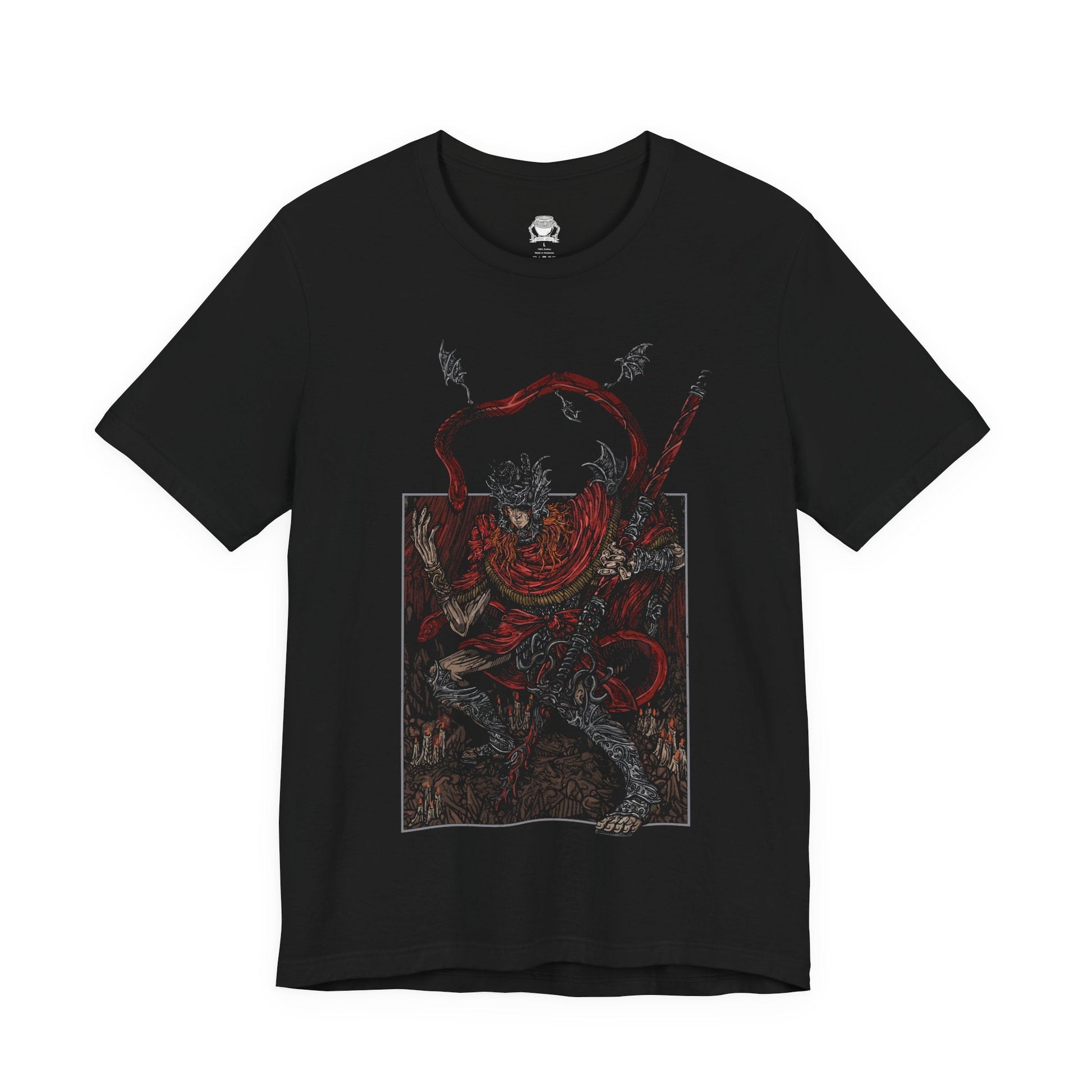 Image 4 of a T-shirt featuring Messmer the Impaler in a gritty design, showcasing his menacing appearance and signature weapon, perfect for fans who appreciate the dark and intense atmosphere of his character in Elden Ring.