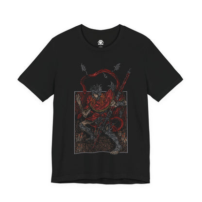 Image 4 of a T-shirt featuring Messmer the Impaler in a gritty design, showcasing his menacing appearance and signature weapon, perfect for fans who appreciate the dark and intense atmosphere of his character in Elden Ring.