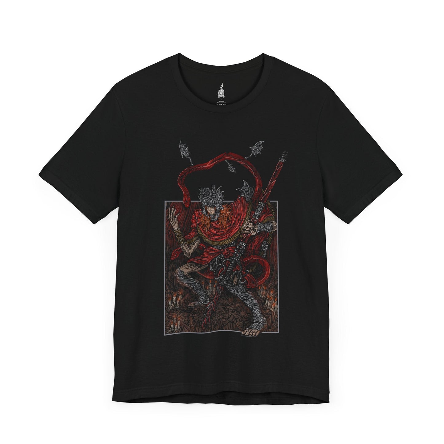 Image number 3 of a Black T-shirt featuring Messmer the Impaler in a gritty design, showcasing his menacing appearance and signature weapon, perfect for fans who appreciate the dark and intense atmosphere of his character in Elden Ring.