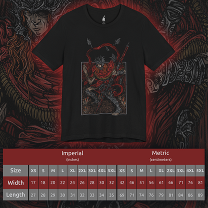 Size chart of a T-shirt featuring Messmer the Impaler in a gritty design, showcasing his menacing appearance and signature weapon, perfect for fans who appreciate the dark and intense atmosphere of his character in Elden Ring.