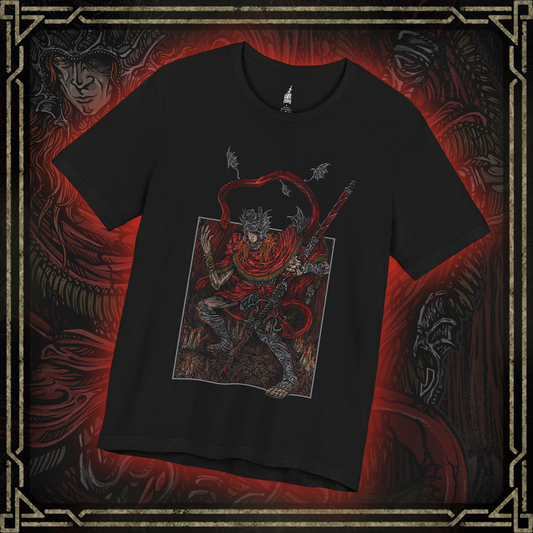 Thumbnail of a T-shirt featuring Messmer the Impaler in a gritty design, showcasing his menacing appearance and signature weapon, perfect for fans who appreciate the dark and intense atmosphere of his character in Elden Ring.