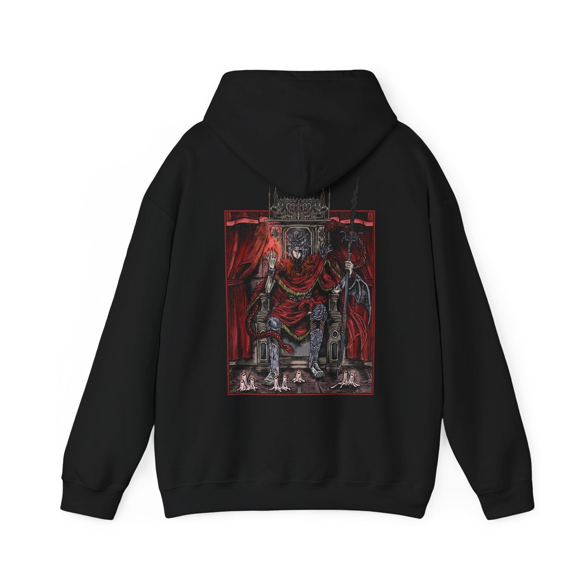 Image 5 of a Hooded Sweatshirt featuring Messmer the Impaler from Elden Ring Shadow of the Erdtree. His menacing silhouette and iconic weapon are brought to life in gritty detail, reflecting the raw intensity of his character. As the exiled son of Queen Marika and the merciless leader of the crusade against the Hornsent, Messmer commands fear and respect. Perfect for fans who admire the haunting beauty and grim atmosphere of the Land of Shadow.