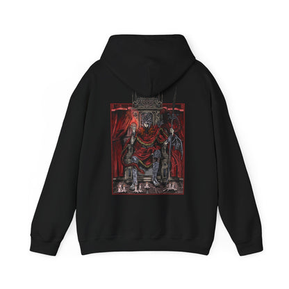 Image 5 of a Hooded Sweatshirt featuring Messmer the Impaler from Elden Ring Shadow of the Erdtree. His menacing silhouette and iconic weapon are brought to life in gritty detail, reflecting the raw intensity of his character. As the exiled son of Queen Marika and the merciless leader of the crusade against the Hornsent, Messmer commands fear and respect. Perfect for fans who admire the haunting beauty and grim atmosphere of the Land of Shadow.