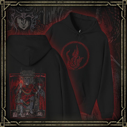 Thumbnail of a Hooded Sweatshirt featuring Messmer the Impaler in a gritty, throne-centered design, capturing his menacing presence and signature weapon. Perfect for fans who appreciate the dark, intense atmosphere surrounding this ominous character of Elden Ring.