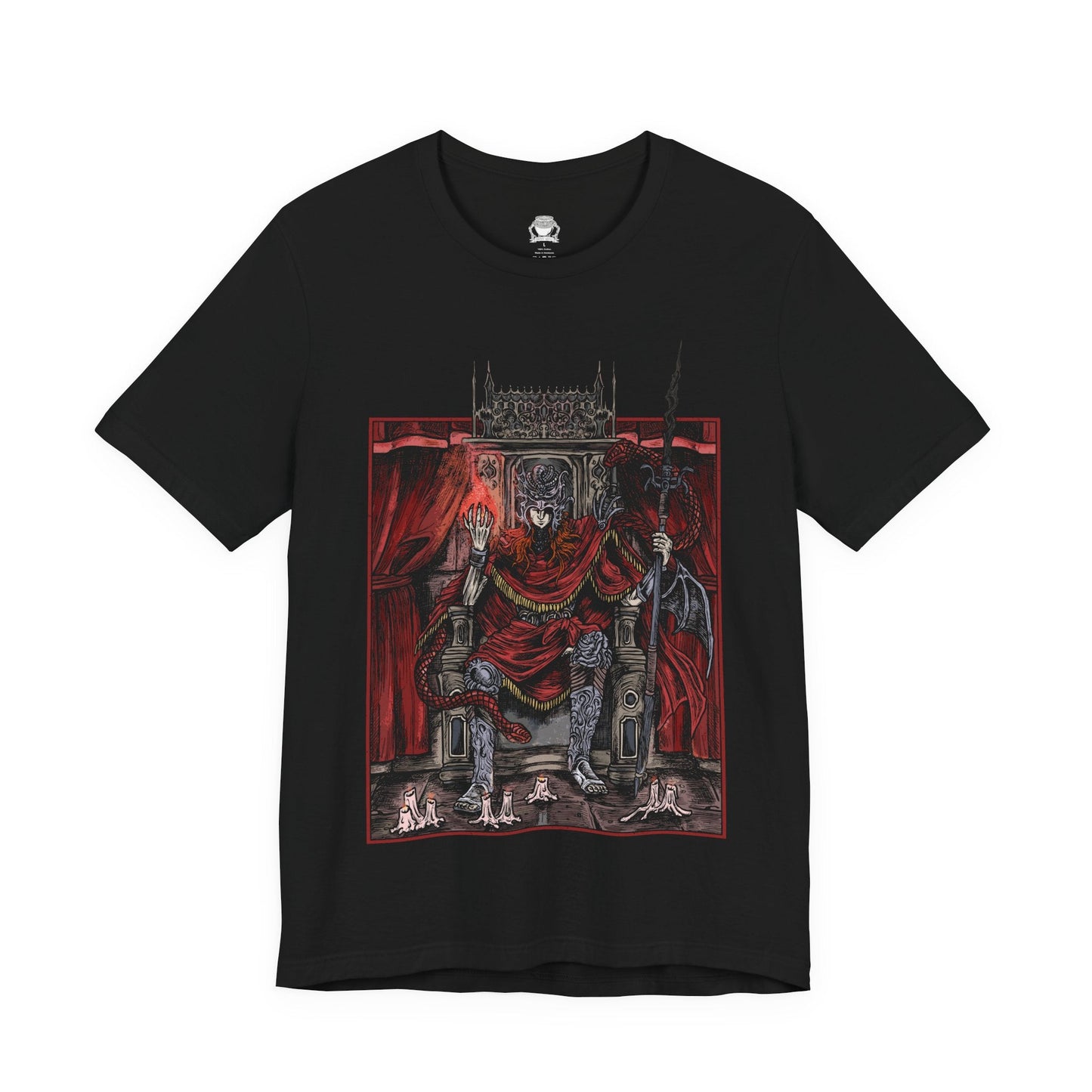 Image 4 of a T-shirt featuring Messmer the Impaler in a gritty, throne-centered design that captures his ominous presence and signature weapon with haunting detail. Seated in dominion, Messmer radiates cold authority—the abandoned son of Queen Marika, turned ruthless demigod and leader of the brutal crusade against the Hornsent people. Ideal for fans who revel in the dark, intense atmosphere of Elden Ring, this tee embodies the power of one of the Land of Shadow’s most fearsome figures.