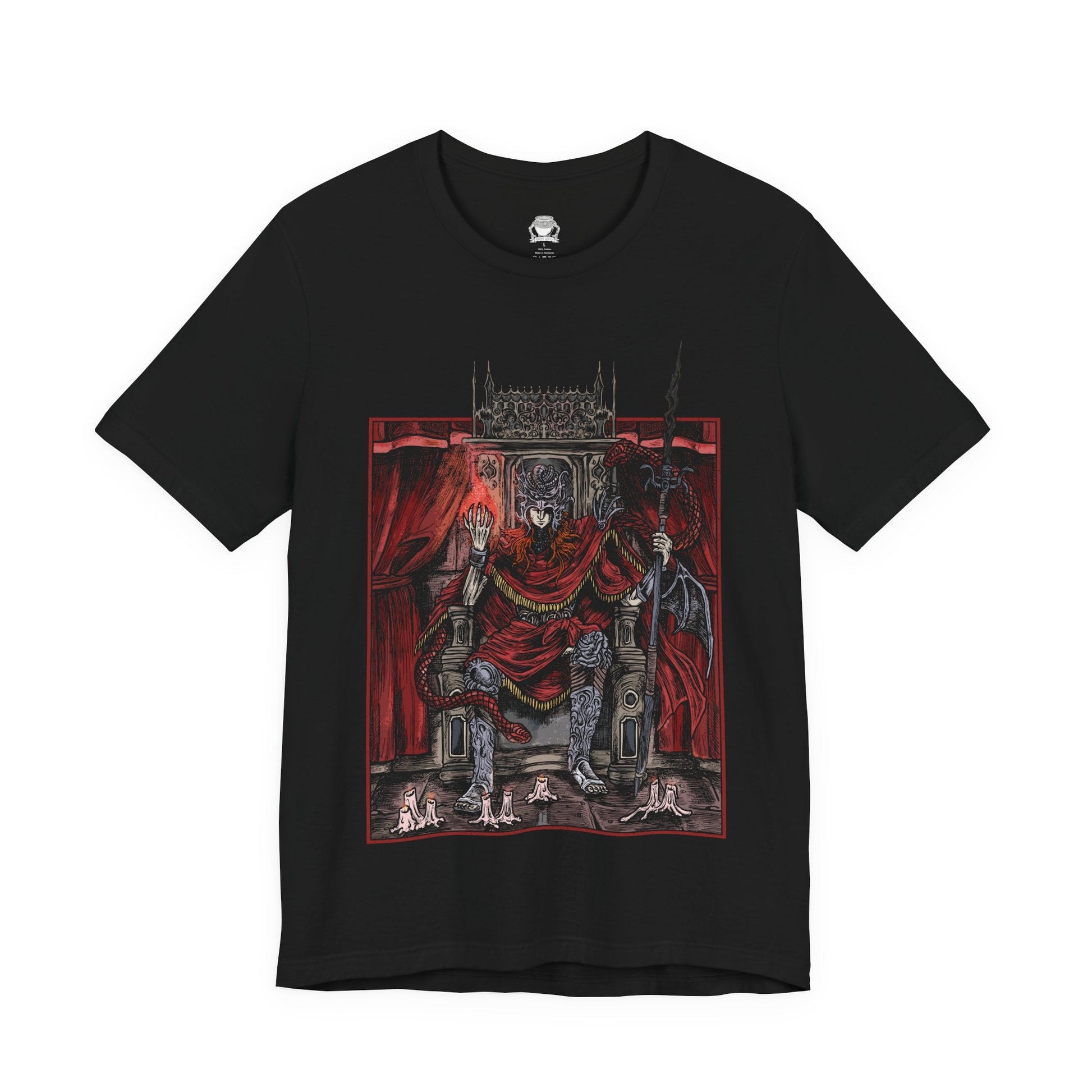 Image 4 of a T-shirt featuring Messmer the Impaler in a gritty, throne-centered design that captures his ominous presence and signature weapon with haunting detail. Seated in dominion, Messmer radiates cold authority—the abandoned son of Queen Marika, turned ruthless demigod and leader of the brutal crusade against the Hornsent people. Ideal for fans who revel in the dark, intense atmosphere of Elden Ring, this tee embodies the power of one of the Land of Shadow’s most fearsome figures.