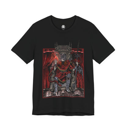 Image 4 of a T-shirt featuring Messmer the Impaler in a gritty, throne-centered design that captures his ominous presence and signature weapon with haunting detail. Seated in dominion, Messmer radiates cold authority—the abandoned son of Queen Marika, turned ruthless demigod and leader of the brutal crusade against the Hornsent people. Ideal for fans who revel in the dark, intense atmosphere of Elden Ring, this tee embodies the power of one of the Land of Shadow’s most fearsome figures.