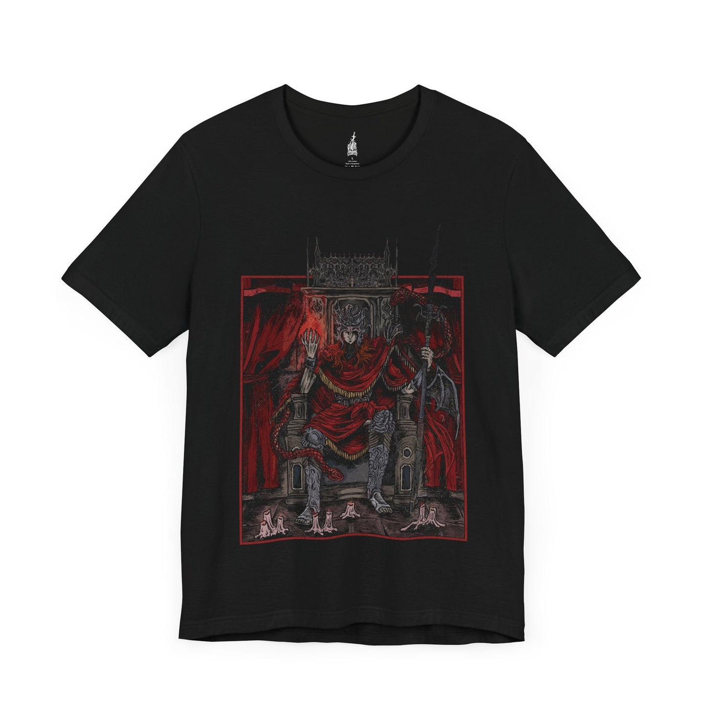 Image number 3 of a Black T-shirt featuring Messmer the Impaler in a gritty, throne-centered design, capturing his menacing presence and signature weapon. Perfect for fans who appreciate the dark, intense atmosphere surrounding this ominous character of Elden Ring.