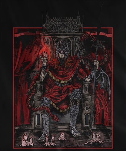 Design used for a T-shirt featuring Messmer the Impaler in a gritty, throne-centered design, capturing his menacing presence and signature weapon. Perfect for fans who appreciate the dark, intense atmosphere surrounding this ominous character of Elden Ring.