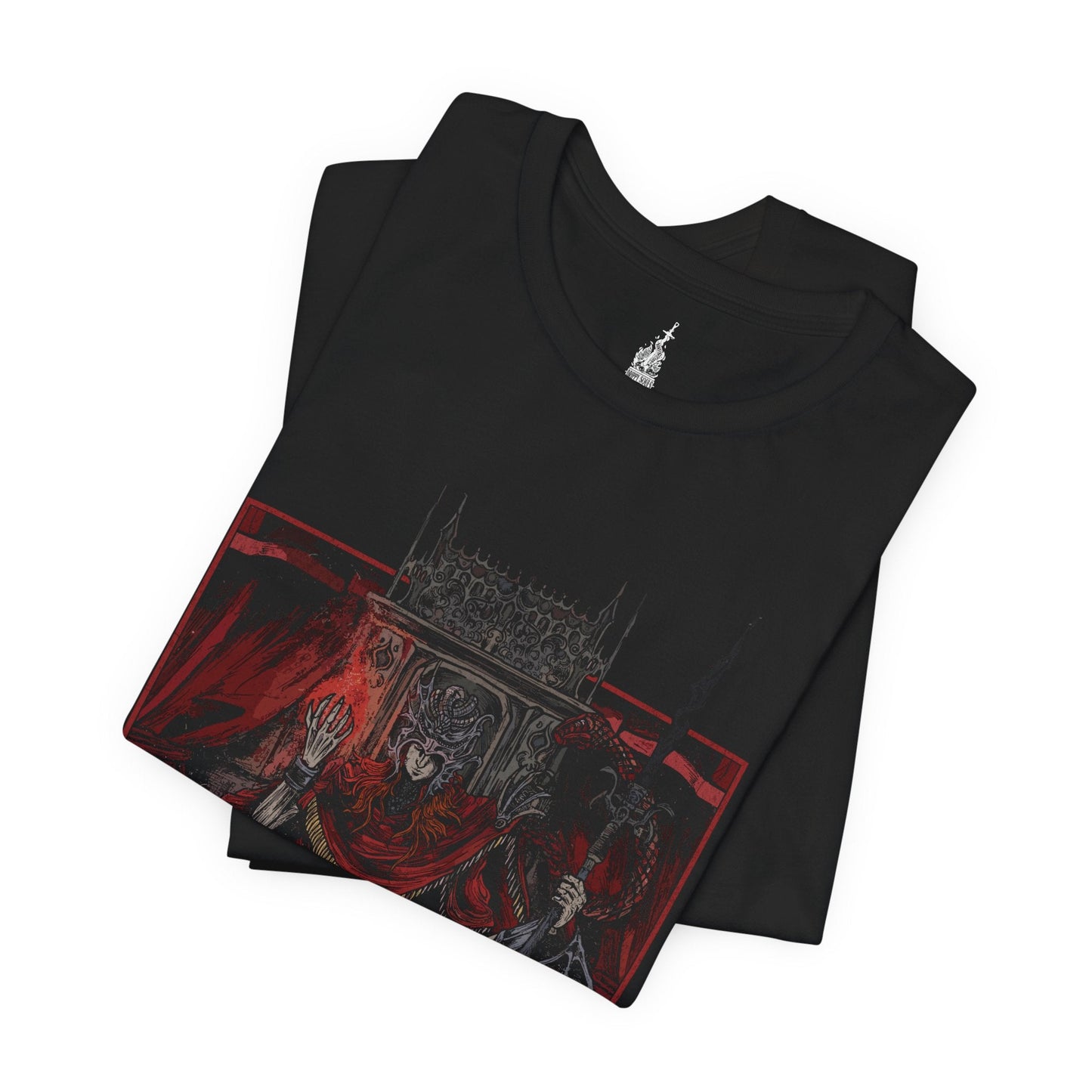 Folded T-shirt featuring Messmer the Impaler in a gritty, throne-centered design, capturing his menacing presence and signature weapon. Perfect for fans who appreciate the dark, intense atmosphere surrounding this ominous character of Elden Ring.