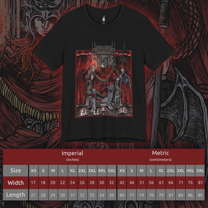 Size chart of a T-shirt featuring Messmer the Impaler in a gritty, throne-centered design that captures his ominous presence and signature weapon with haunting detail. Seated in dominion, Messmer radiates cold authority—the abandoned son of Queen Marika, turned ruthless demigod and leader of the brutal crusade against the Hornsent people. Ideal for fans who revel in the dark, intense atmosphere of Elden Ring, this tee embodies the power of one of the Land of Shadow’s most fearsome figures.