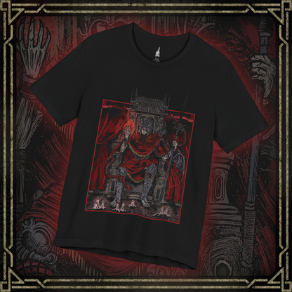 Thumbnail of a T-shirt featuring Messmer the Impaler in a gritty, throne-centered design, capturing his menacing presence and signature weapon. Perfect for fans who appreciate the dark, intense atmosphere surrounding this ominous character of Elden Ring.