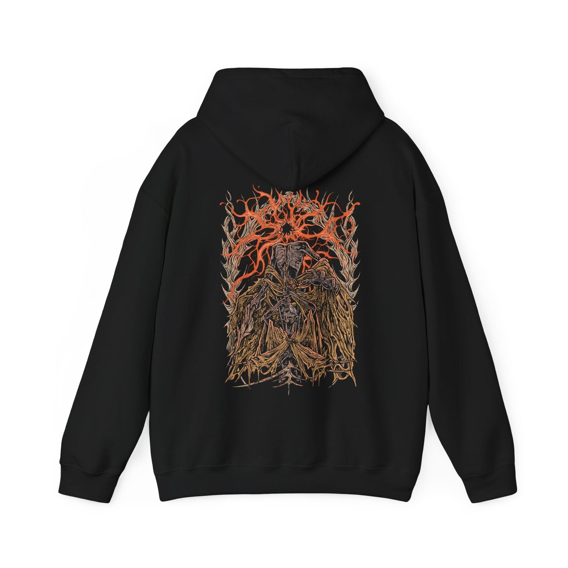 Image 5 of a Hooded Sweatshirt featuring Midra, Lord of Frenzied Flame, from Elden Ring, with a fiery and chaotic design that captures the overwhelming power and madness of the Frenzied Flame. The artwork highlights Midra’s intense gaze, engulfed in searing flames, and the ominous mark of the Three Fingers, embodying the devastating force of chaos. Perfect for fans who embrace the darker, unrestrained paths of the Lands Between.