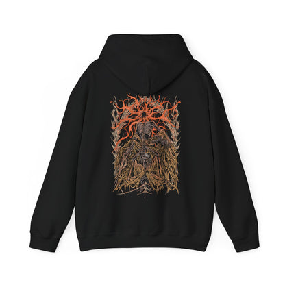 Image 5 of a Hooded Sweatshirt featuring Midra, Lord of Frenzied Flame, from Elden Ring, with a fiery and chaotic design that captures the overwhelming power and madness of the Frenzied Flame. The artwork highlights Midra’s intense gaze, engulfed in searing flames, and the ominous mark of the Three Fingers, embodying the devastating force of chaos. Perfect for fans who embrace the darker, unrestrained paths of the Lands Between.