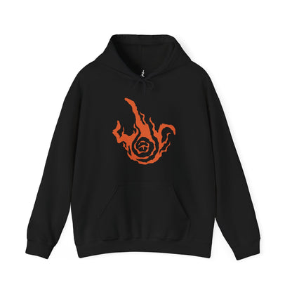 Image 3 of a Black Hooded Sweatshirt featuring Midra, Lord of Frenzied Flame, from Elden Ring, with a fiery and chaotic design that captures the overwhelming power and madness of the Frenzied Flame. The artwork highlights Midra’s intense gaze, engulfed in searing flames, and the ominous mark of the Three Fingers, embodying the devastating force of chaos. Perfect for fans who embrace the darker, unrestrained paths of the Lands Between.