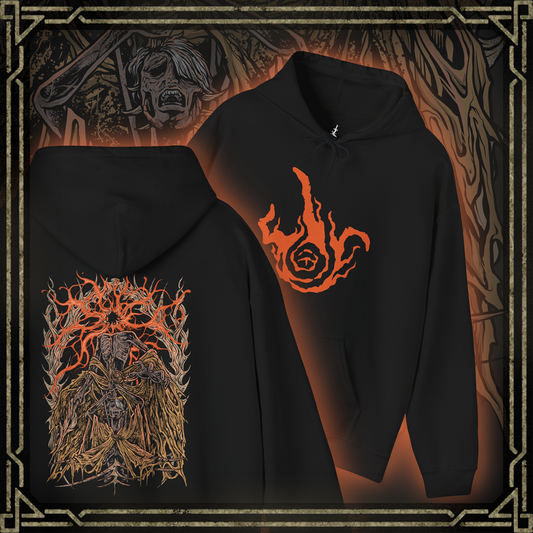 Thumbnail of a Hooded Sweatshirt featuring Midra, Lord of Frenzied Flame, from Elden Ring, with a fiery and chaotic design that captures the overwhelming power and madness of the Frenzied Flame. The artwork highlights Midra’s intense gaze, engulfed in searing flames, and the ominous mark of the Three Fingers, embodying the devastating force of chaos. Perfect for fans who embrace the darker, unrestrained paths of the Lands Between.