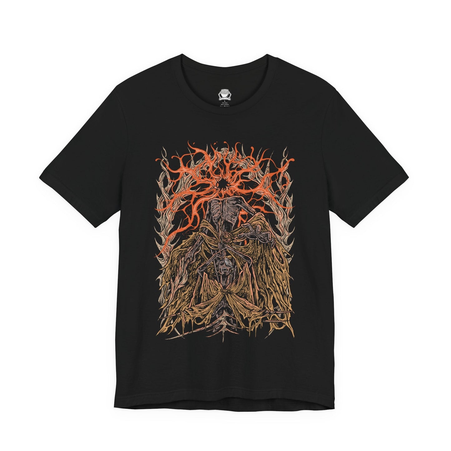 Image 4 of a T-shirt featuring Midra, Lord of Frenzied Flame, from Elden Ring, with a fiery and chaotic design that captures the overwhelming power and madness of the Frenzied Flame. The artwork highlights Midra’s intense gaze, engulfed in searing flames, and the ominous mark of the Three Fingers, embodying the devastating force of chaos. Perfect for fans who embrace the darker, unrestrained paths of the Lands Between.