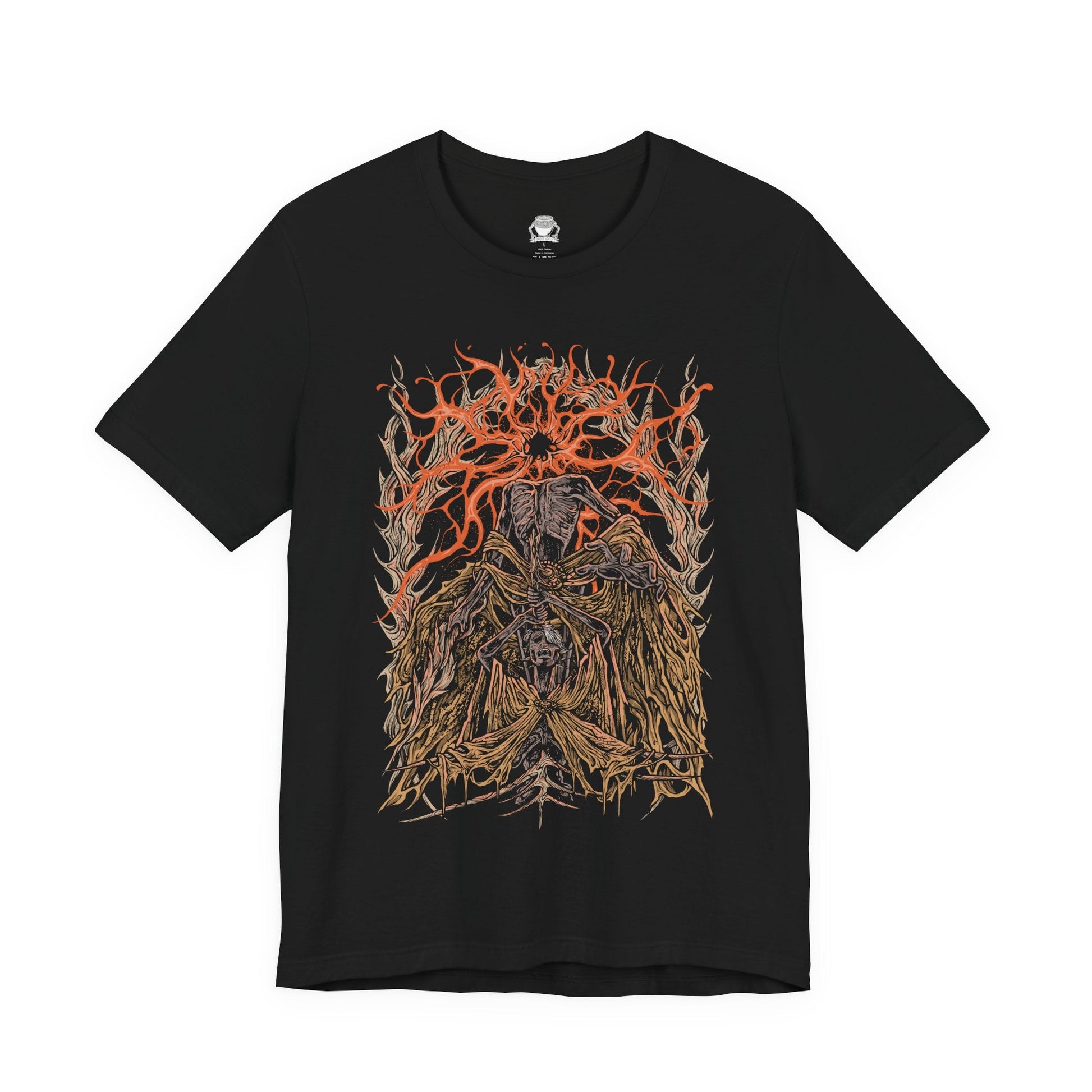 Image 4 of a T-shirt featuring Midra, Lord of Frenzied Flame, from Elden Ring, with a fiery and chaotic design that captures the overwhelming power and madness of the Frenzied Flame. The artwork highlights Midra’s intense gaze, engulfed in searing flames, and the ominous mark of the Three Fingers, embodying the devastating force of chaos. Perfect for fans who embrace the darker, unrestrained paths of the Lands Between.