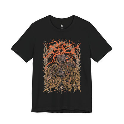 Image 3 of a Black T-shirt featuring Midra, Lord of Frenzied Flame, from Elden Ring, with a fiery and chaotic design that captures the overwhelming power and madness of the Frenzied Flame. The artwork highlights Midra’s intense gaze, engulfed in searing flames, and the ominous mark of the Three Fingers, embodying the devastating force of chaos. Perfect for fans who embrace the darker, unrestrained paths of the Lands Between.