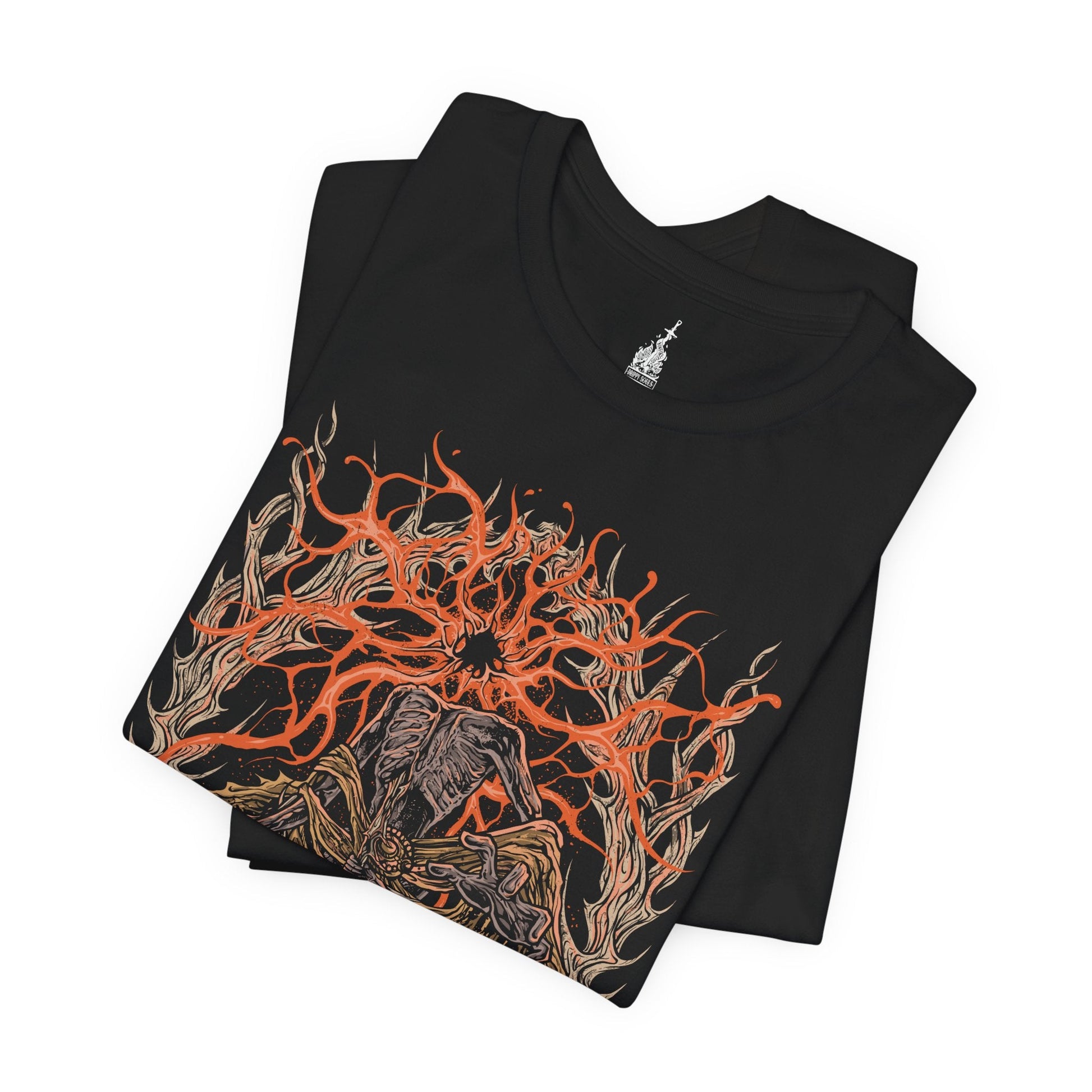 Folded T-shirt featuring Midra, Lord of Frenzied Flame, from Elden Ring, with a fiery and chaotic design that captures the overwhelming power and madness of the Frenzied Flame. The artwork highlights Midra’s intense gaze, engulfed in searing flames, and the ominous mark of the Three Fingers, embodying the devastating force of chaos. Perfect for fans who embrace the darker, unrestrained paths of the Lands Between.