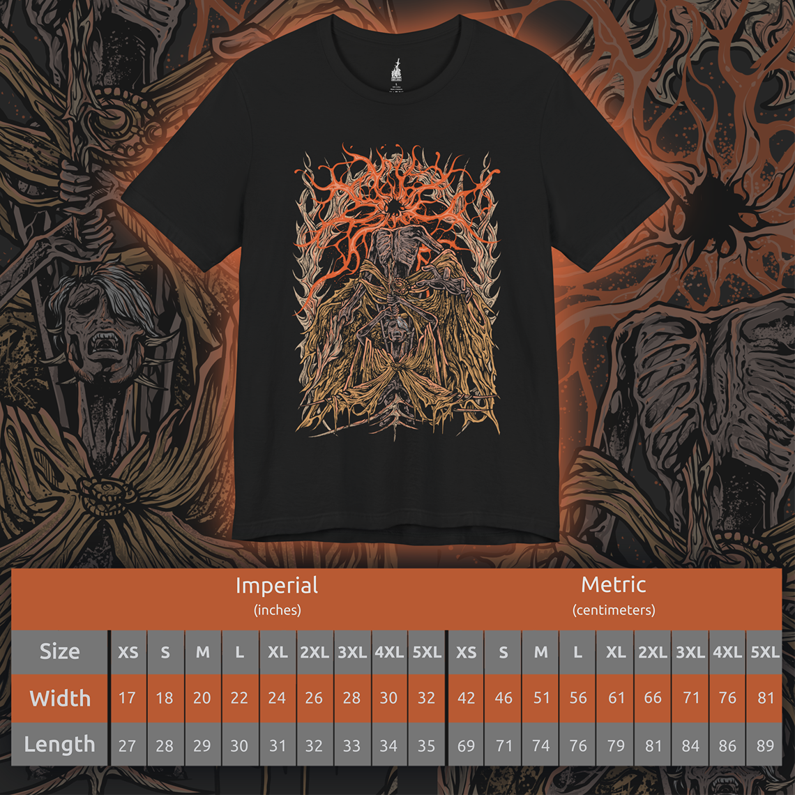 Size chart of a T-shirt featuring Midra, Lord of Frenzied Flame, from Elden Ring, with a fiery and chaotic design that captures the overwhelming power and madness of the Frenzied Flame. The artwork highlights Midra’s intense gaze, engulfed in searing flames, and the ominous mark of the Three Fingers, embodying the devastating force of chaos. Perfect for fans who embrace the darker, unrestrained paths of the Lands Between.