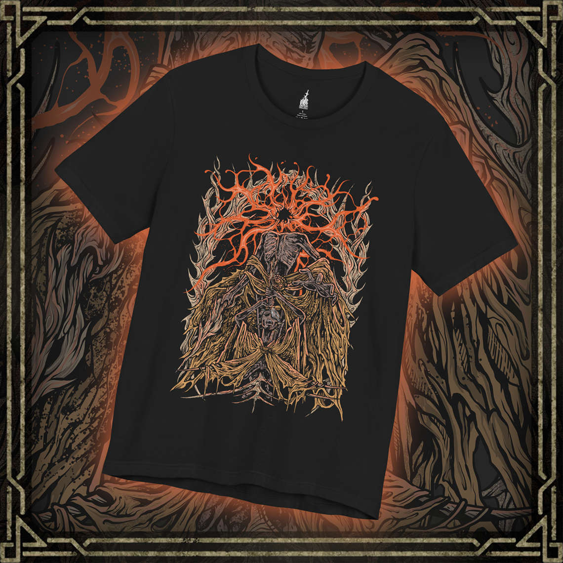 Thumbnail of a T-shirt featuring Midra, Lord of Frenzied Flame, from Elden Ring, with a fiery and chaotic design that captures the overwhelming power and madness of the Frenzied Flame. The artwork highlights Midra’s intense gaze, engulfed in searing flames, and the ominous mark of the Three Fingers, embodying the devastating force of chaos. Perfect for fans who embrace the darker, unrestrained paths of the Lands Between.