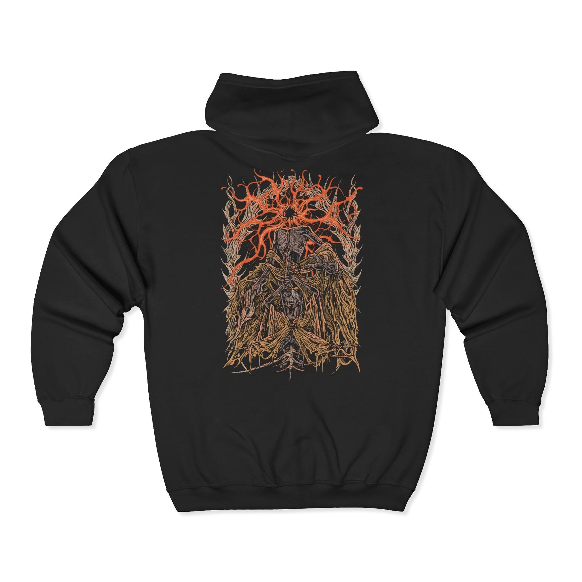 Folded Zip-up Hooded Sweatshirt featuring Midra, Lord of Frenzied Flame from Elden Ring: Shadow of the Erdtree, once a sage whose ambition to master the Frenzied Flame ended in agony. Impaled by the Greatsword of Damnation and bound by golden barbs, he endures torment until his final monstrous transformation. This design captures Midra’s tragic fall, flame-wreathed power, and the madness that fuels his dominion in the Abyssal Woods.