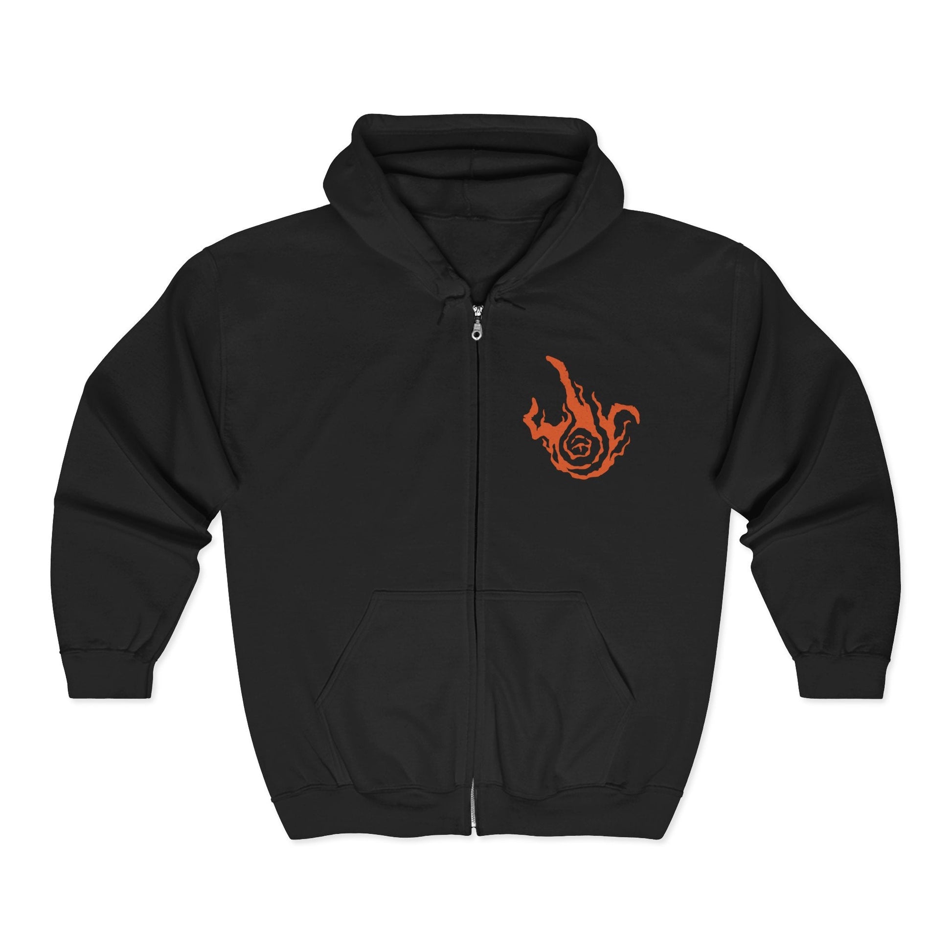 Image 3 of a S Zip-up Hooded Sweatshirt featuring Midra, Lord of Frenzied Flame from Elden Ring: Shadow of the Erdtree, once a sage whose ambition to master the Frenzied Flame ended in agony. Impaled by the Greatsword of Damnation and bound by golden barbs, he endures torment until his final monstrous transformation. This design captures Midra’s tragic fall, flame-wreathed power, and the madness that fuels his dominion in the Abyssal Woods.