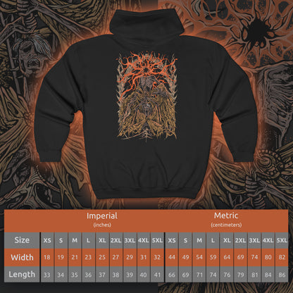 Size chart of a Zip-up Hooded Sweatshirt featuring Midra, Lord of Frenzied Flame from Elden Ring: Shadow of the Erdtree, once a sage whose ambition to master the Frenzied Flame ended in agony. Impaled by the Greatsword of Damnation and bound by golden barbs, he endures torment until his final monstrous transformation. This design captures Midra’s tragic fall, flame-wreathed power, and the madness that fuels his dominion in the Abyssal Woods.