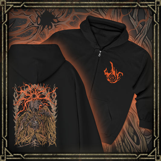 Thumbnail of a Zip-up Hooded Sweatshirt featuring Midra, Lord of Frenzied Flame from Elden Ring: Shadow of the Erdtree, once a sage whose ambition to master the Frenzied Flame ended in agony. Impaled by the Greatsword of Damnation and bound by golden barbs, he endures torment until his final monstrous transformation. This design captures Midra’s tragic fall, flame-wreathed power, and the madness that fuels his dominion in the Abyssal Woods.