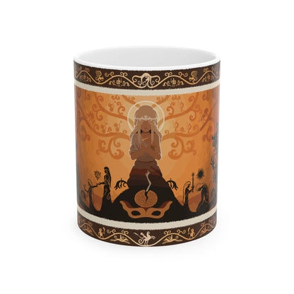 Image number 3 of a 11oz Mug featuring Miquella, the Kind from Elden Ring, with an elegant design that reflects his gentle and compassionate nature, as well as his tragic fate. The artwork highlights his serene expression, flowing golden hair, and ethereal presence, perfect for fans who appreciate his quest for a better world and the sorrowful tale of his eternal slumber in the Lands Between.