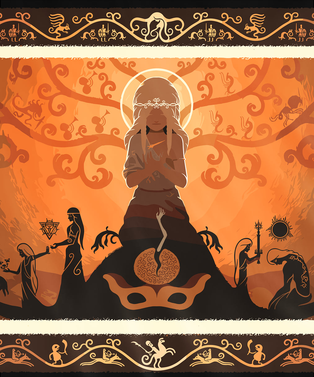 Design used for a Mug featuring Miquella, the Kind from Elden Ring, with an elegant design that reflects his gentle and compassionate nature, as well as his tragic fate. The artwork highlights his serene expression, flowing golden hair, and ethereal presence, perfect for fans who appreciate his quest for a better world and the sorrowful tale of his eternal slumber in the Lands Between.