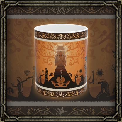 Thumbnail of a Mug featuring Miquella, the Kind from Elden Ring, with an elegant design that reflects his gentle and compassionate nature, as well as his tragic fate. The artwork highlights his serene expression, flowing golden hair, and ethereal presence, perfect for fans who appreciate his quest for a better world and the sorrowful tale of his eternal slumber in the Lands Between.