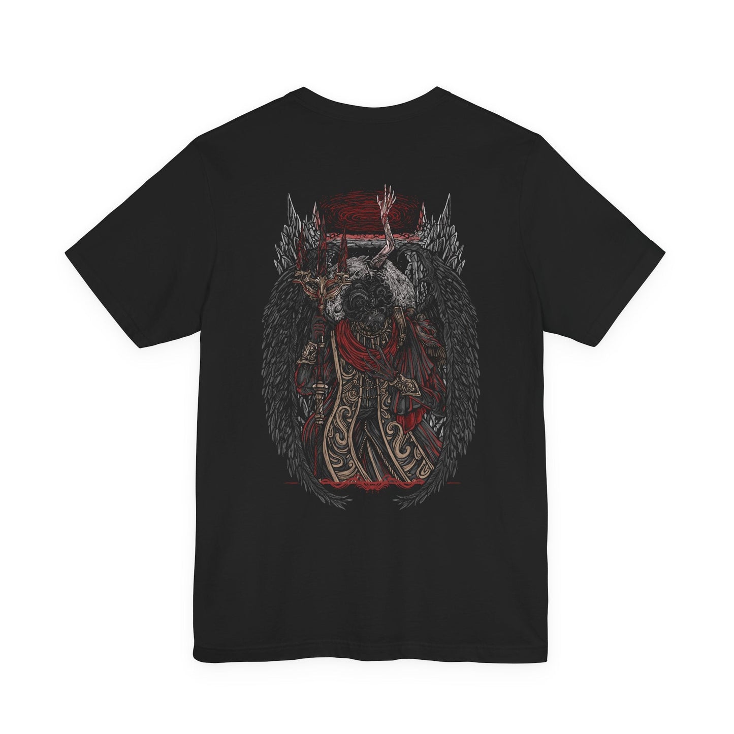 Image 4 of a T-shirt featuring Mohg, Lord of Blood from Elden Ring, displaying his dark, blood-soaked figure and menacing aura, ideal for fans drawn to the sinister lore of the Blood Dynasty and the powerful demigod of the Lands Between.