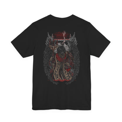 Image 4 of a T-shirt featuring Mohg, Lord of Blood from Elden Ring, displaying his dark, blood-soaked figure and menacing aura, ideal for fans drawn to the sinister lore of the Blood Dynasty and the powerful demigod of the Lands Between.