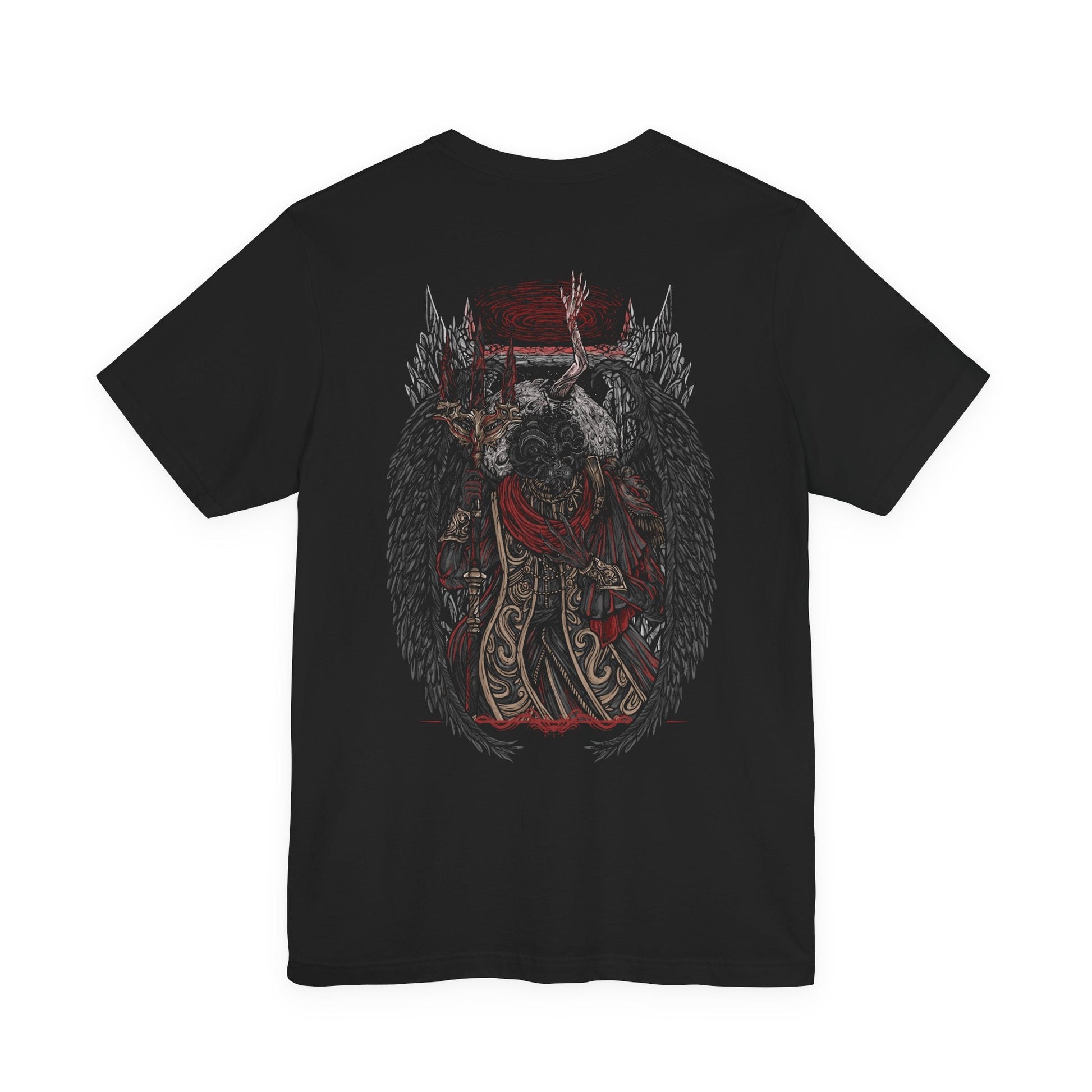 Image 5 of a T-shirt featuring Mohg, Lord of Blood from Elden Ring, displaying his dark, blood-soaked figure and menacing aura, ideal for fans drawn to the sinister lore of the Blood Dynasty and the powerful demigod of the Lands Between.