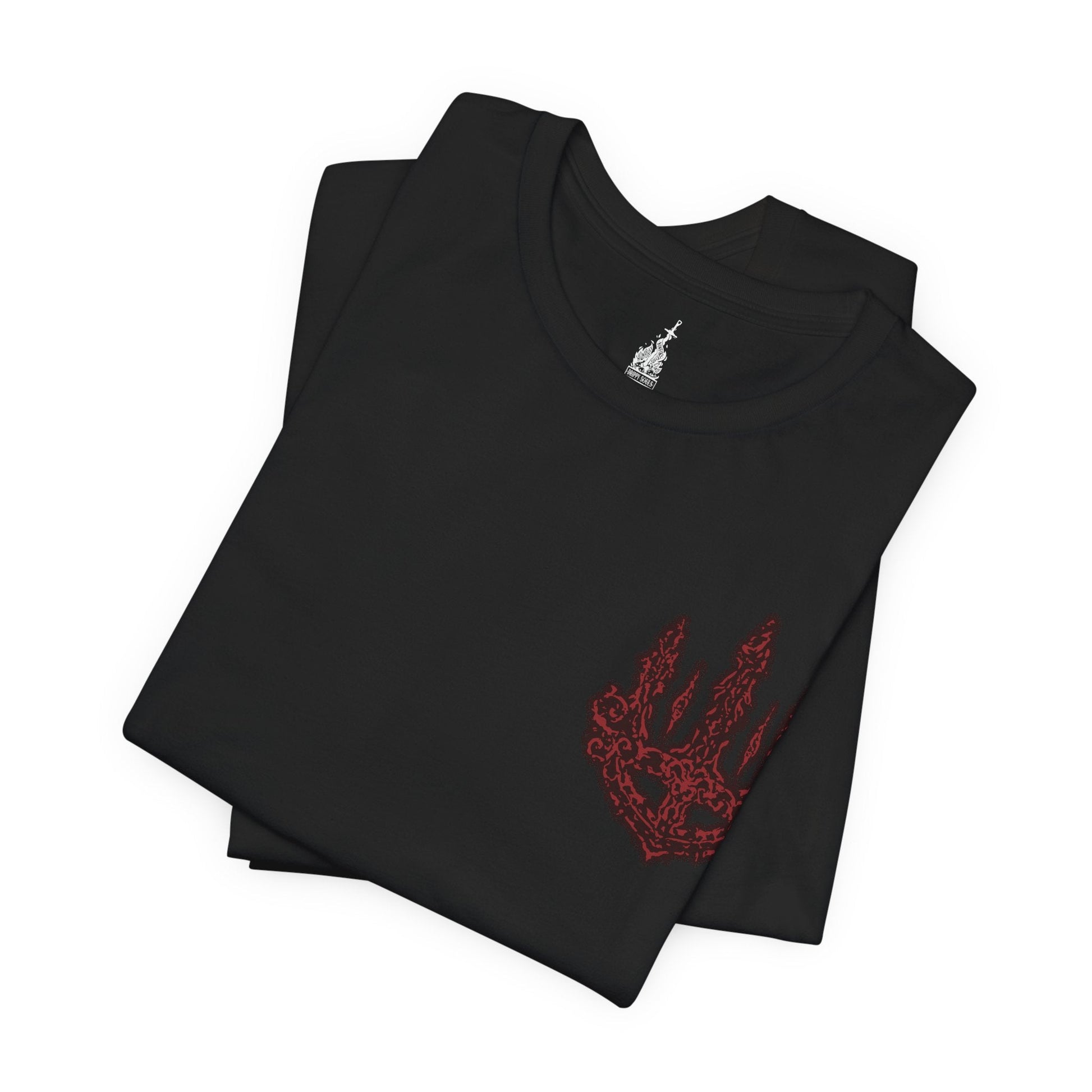 Folded T-shirt featuring Mohg, Lord of Blood from Elden Ring, displaying his dark, blood-soaked figure and menacing aura, ideal for fans drawn to the sinister lore of the Blood Dynasty and the powerful demigod of the Lands Between.