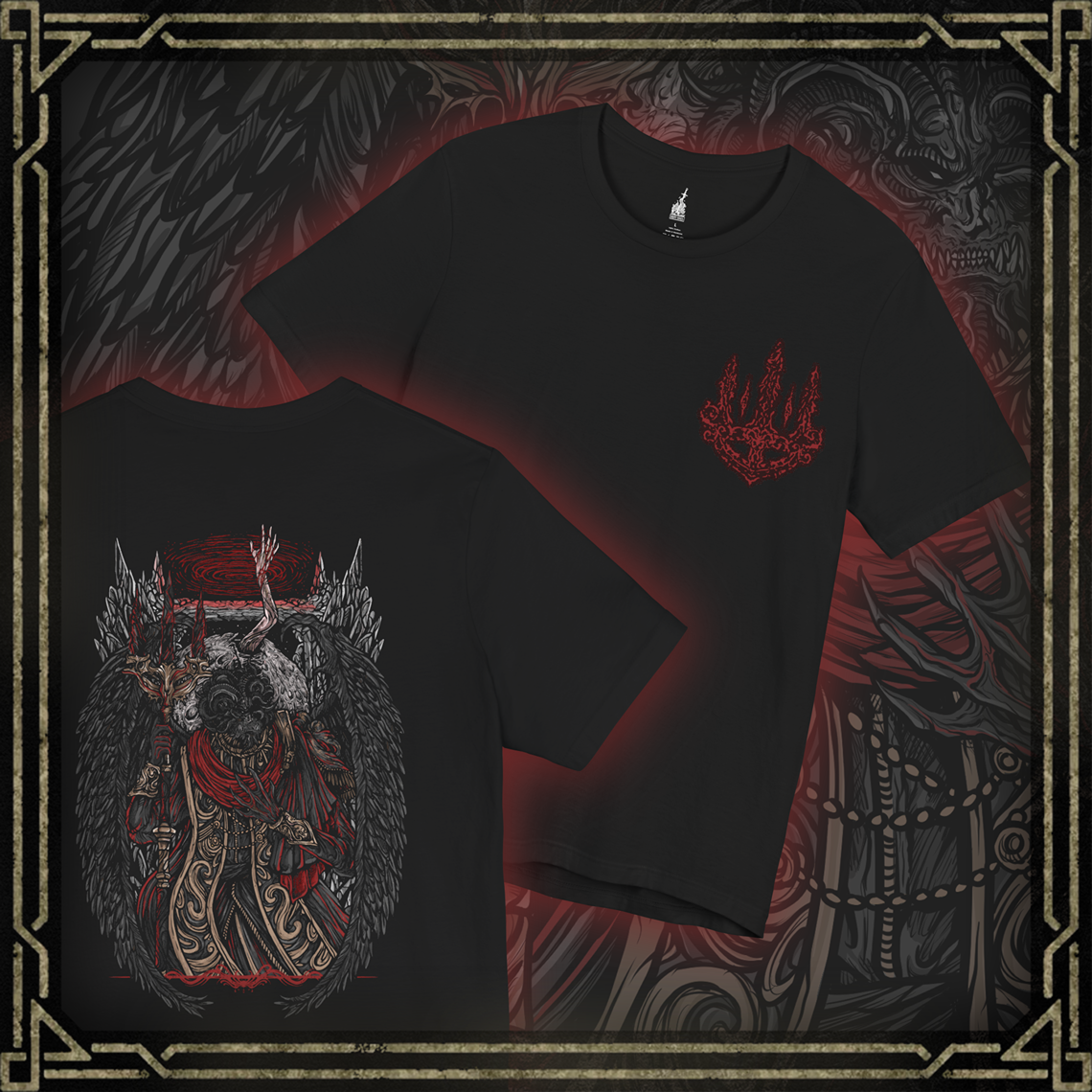 Thumbnail of a T-shirt featuring Mohg, Lord of Blood from Elden Ring, displaying his dark, blood-soaked figure and menacing aura, ideal for fans drawn to the sinister lore of the Blood Dynasty and the powerful demigod of the Lands Between.