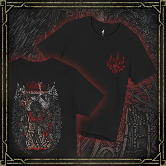 Thumbnail of a T-shirt featuring Mohg, Lord of Blood from Elden Ring, displaying his dark, blood-soaked figure and menacing aura, ideal for fans drawn to the sinister lore of the Blood Dynasty and the powerful demigod of the Lands Between.