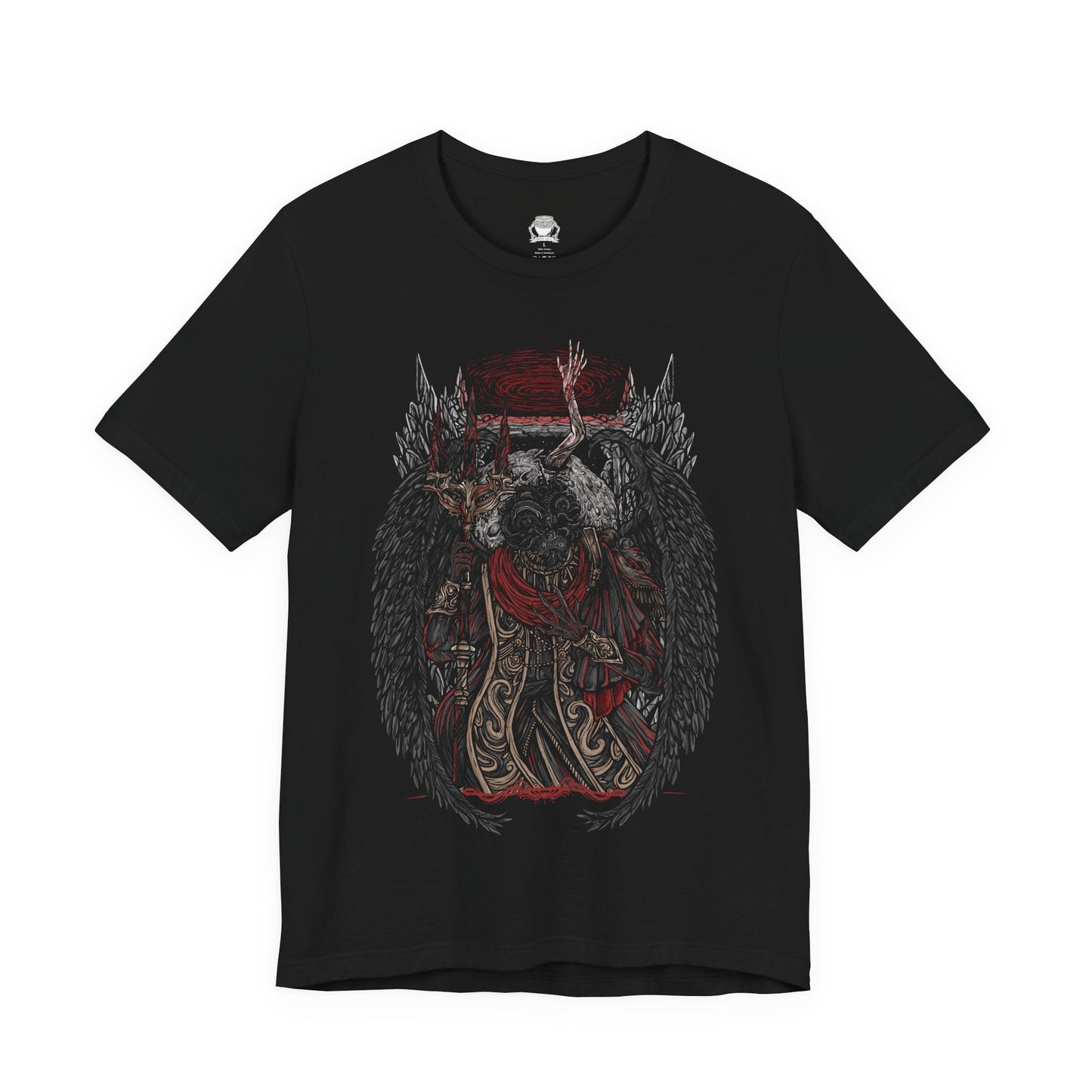 Image 4 of a T-shirt featuring Mohg, Lord of Blood from Elden Ring, displaying his dark, blood-soaked figure and menacing aura, ideal for fans drawn to the sinister lore of the Blood Dynasty and the powerful demigod of the Lands Between.