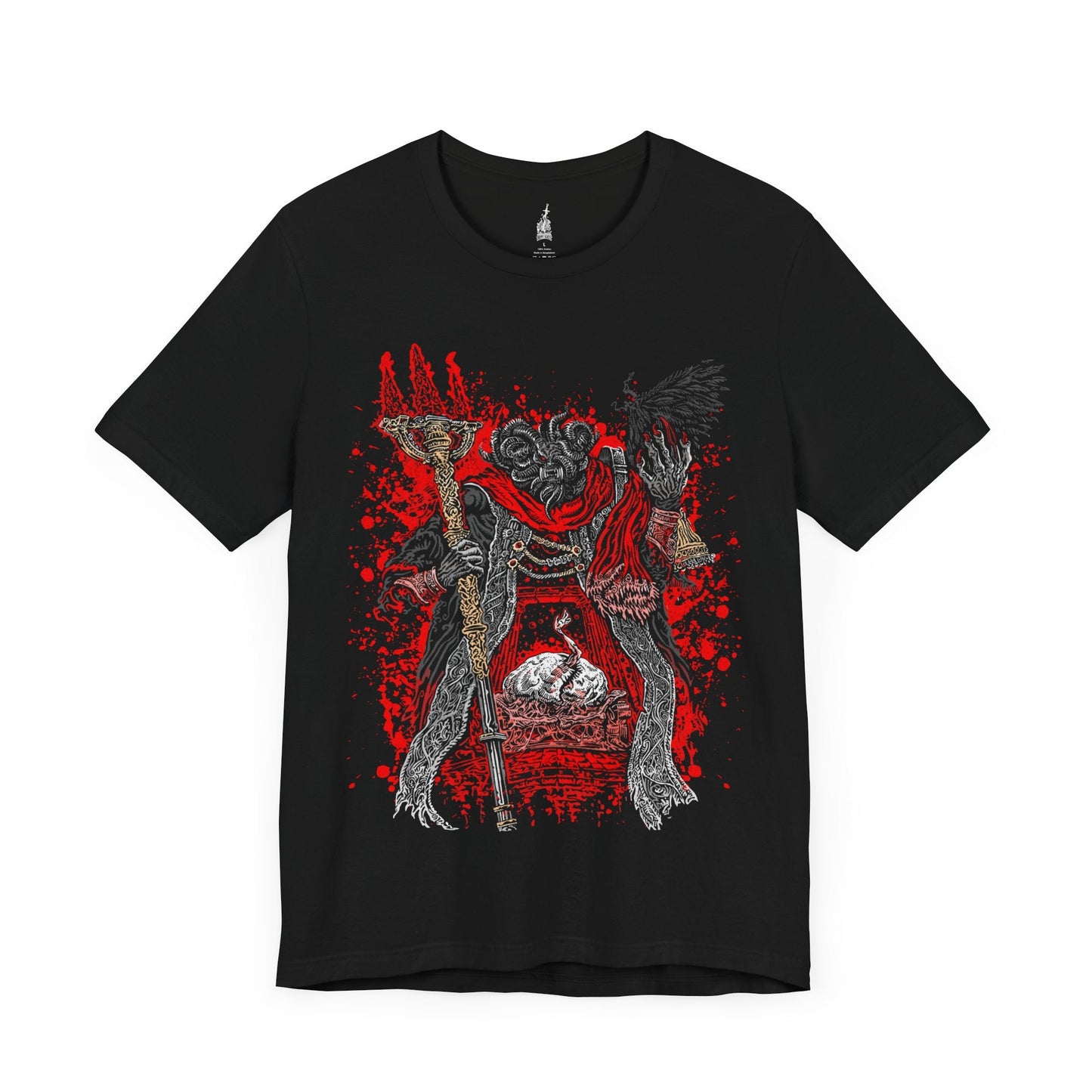 Image number 3 of a Black T-shirt featuring Mohg, Lord of Blood from Elden Ring, displaying his dark, blood-soaked figure and menacing aura, ideal for fans drawn to the sinister lore of the Blood Dynasty and the powerful demigod of the Lands Between.