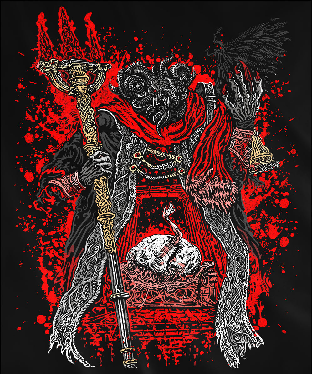 Design used for a T-shirt featuring Mohg, Lord of Blood from Elden Ring, displaying his dark, blood-soaked figure and menacing aura, ideal for fans drawn to the sinister lore of the Blood Dynasty and the powerful demigod of the Lands Between.