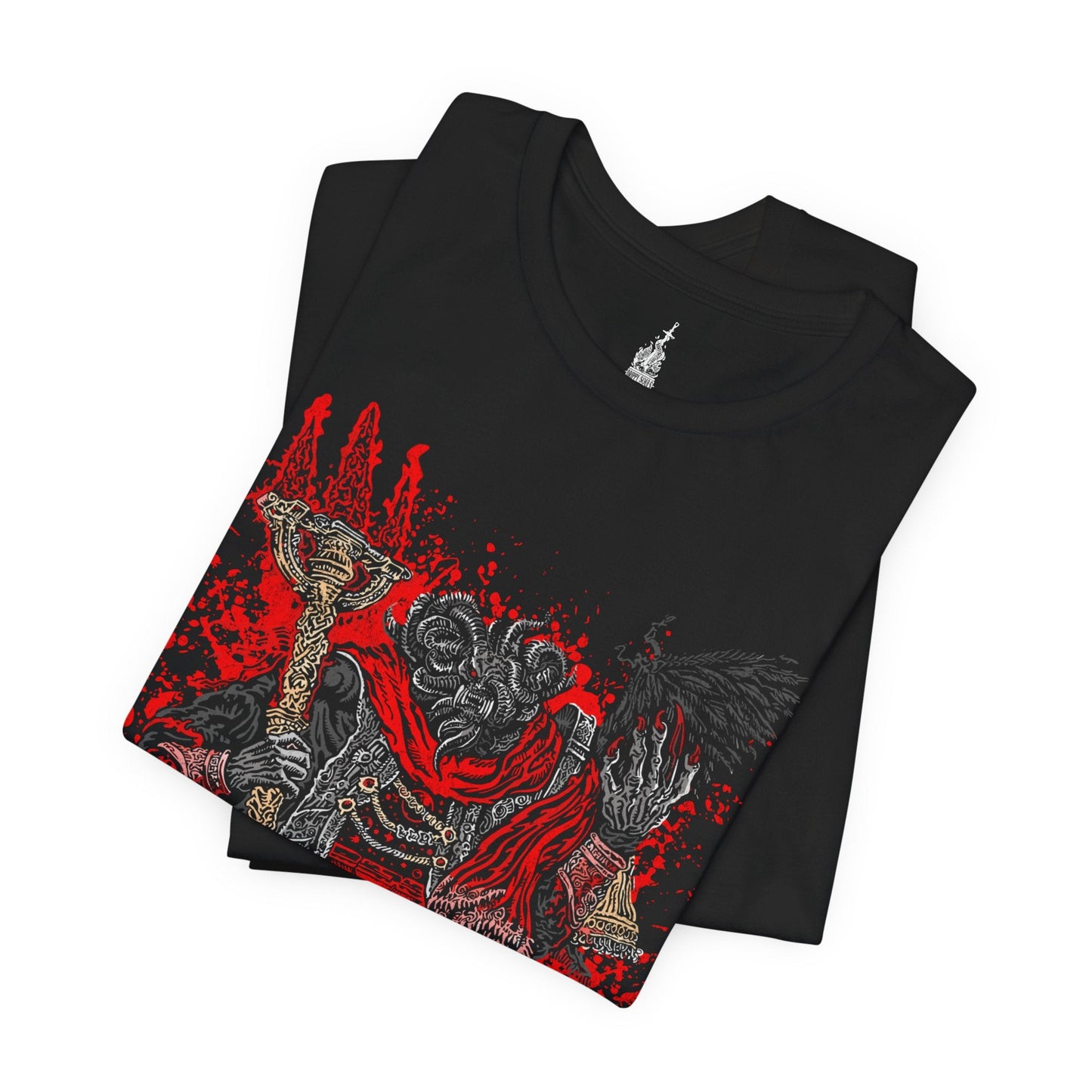 Folded T-shirt featuring Mohg, Lord of Blood from Elden Ring, displaying his dark, blood-soaked figure and menacing aura, ideal for fans drawn to the sinister lore of the Blood Dynasty and the powerful demigod of the Lands Between.