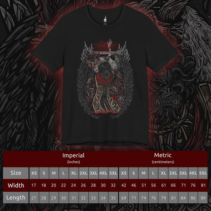 Size chart of a T-shirt featuring Mohg, Lord of Blood from Elden Ring, displaying his dark, blood-soaked figure and menacing aura, ideal for fans drawn to the sinister lore of the Blood Dynasty and the powerful demigod of the Lands Between.