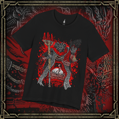 Thumbnail of a T-shirt featuring Mohg, Lord of Blood from Elden Ring, displaying his dark, blood-soaked figure and menacing aura, ideal for fans drawn to the sinister lore of the Blood Dynasty and the powerful demigod of the Lands Between.