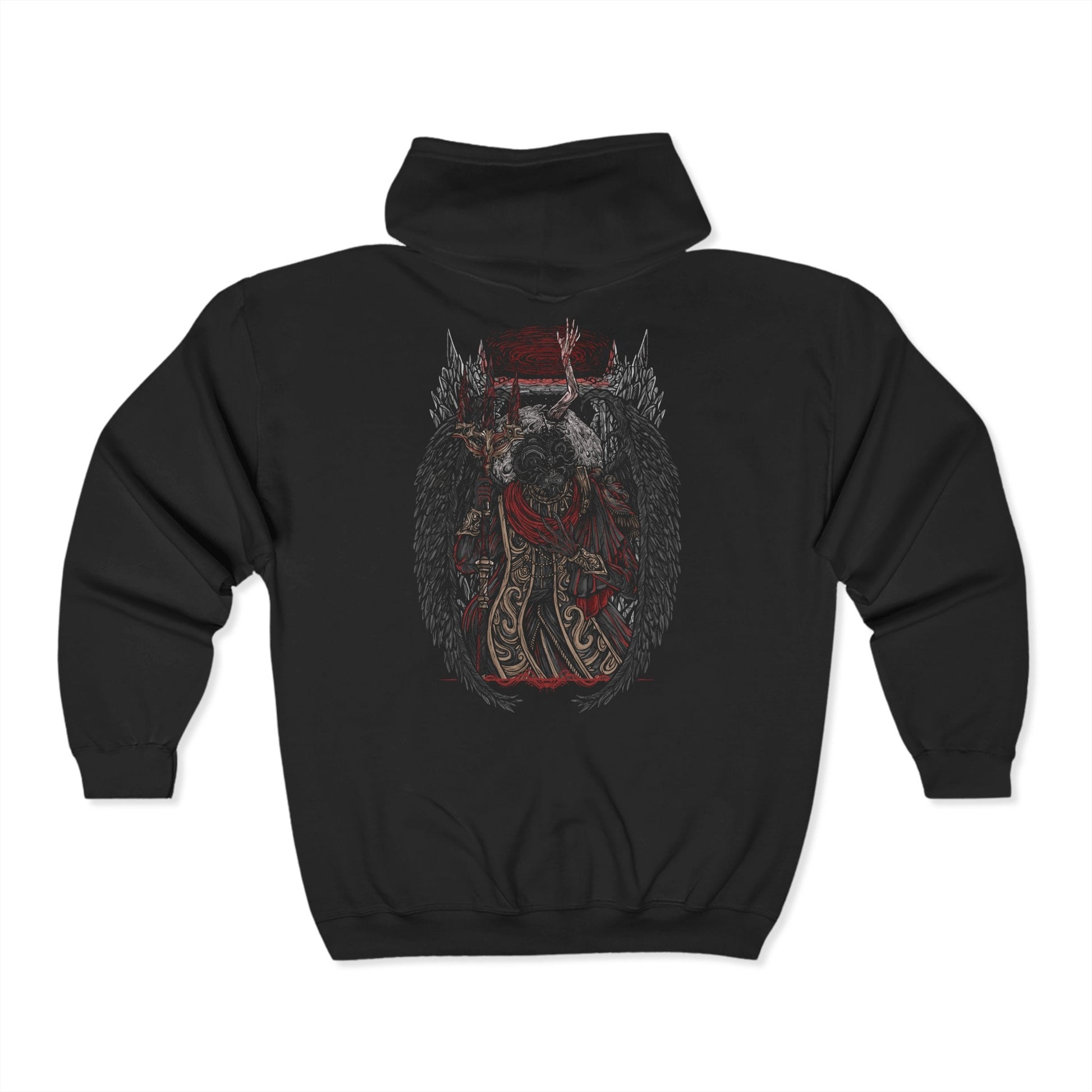Folded Zip-up Hooded Sweatshirt featuring Mohg, Lord of Blood from Elden Ring, the dark demigod who dwells deep beneath the Lands Between. Cloaked in crimson and wielding cursed blood magic, Mohg seeks to establish a dynasty with the dormant Miquella. This design captures his regal menace and the grotesque beauty of his blood-soaked ambition.