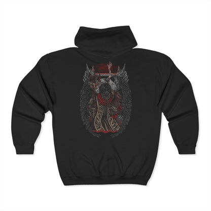 Folded Zip-up Hooded Sweatshirt featuring Mohg, Lord of Blood from Elden Ring, the dark demigod who dwells deep beneath the Lands Between. Cloaked in crimson and wielding cursed blood magic, Mohg seeks to establish a dynasty with the dormant Miquella. This design captures his regal menace and the grotesque beauty of his blood-soaked ambition.