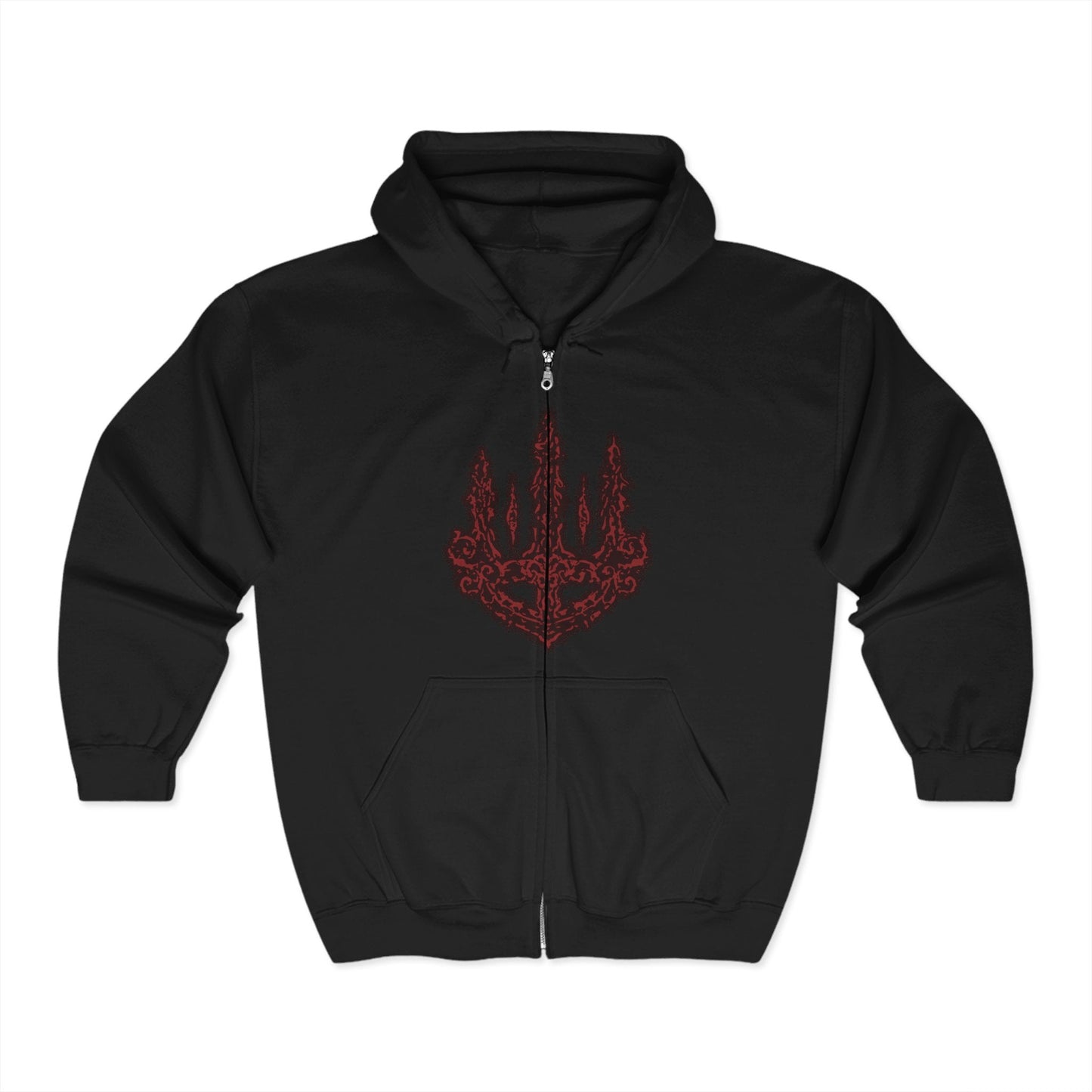 Image 3 of a S Zip-up Hooded Sweatshirt featuring Mohg, Lord of Blood from Elden Ring, the dark demigod who dwells deep beneath the Lands Between. Cloaked in crimson and wielding cursed blood magic, Mohg seeks to establish a dynasty with the dormant Miquella. This design captures his regal menace and the grotesque beauty of his blood-soaked ambition.